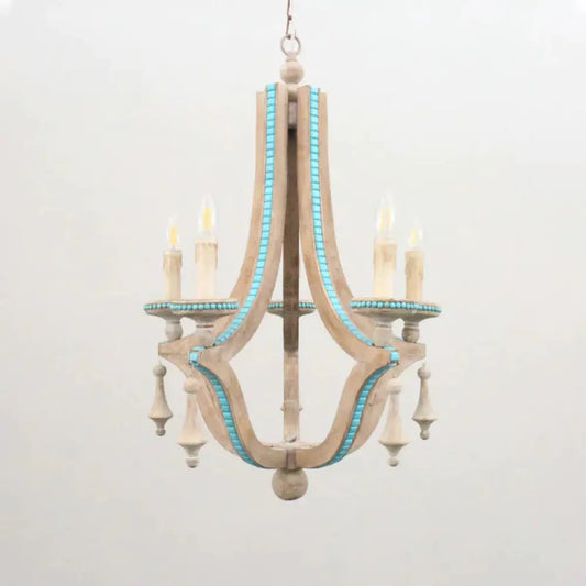 Candle Chandelier Light Rustic Wood 5 Heads Beige Hanging Lamp Kit For Living Room