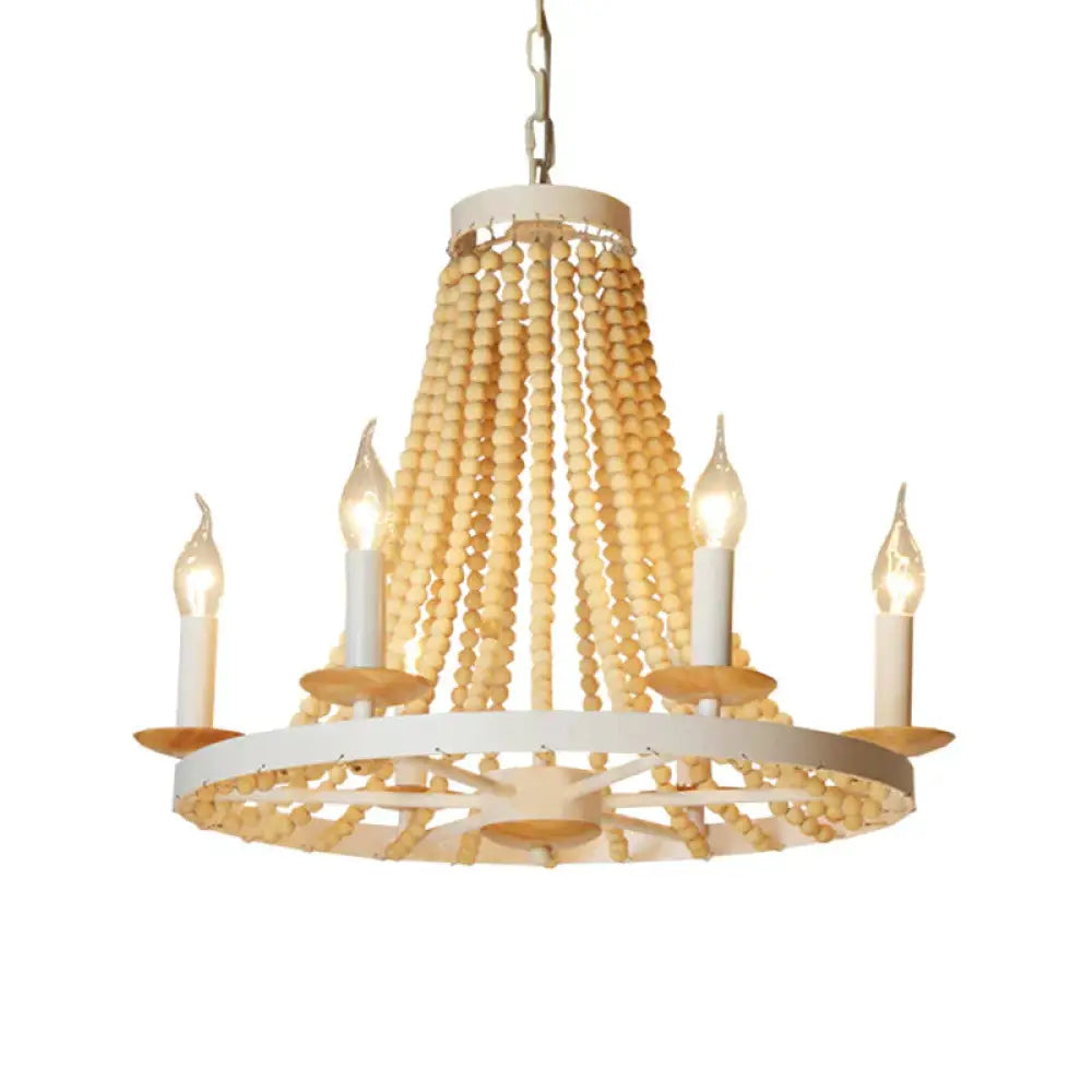 Candle Chandelier Light Rustic Wood 6 Heads Yellow Hanging Lamp Kit For Living Room