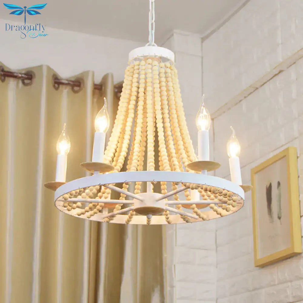 Candle Chandelier Light Rustic Wood 6 Heads Yellow Hanging Lamp Kit For Living Room