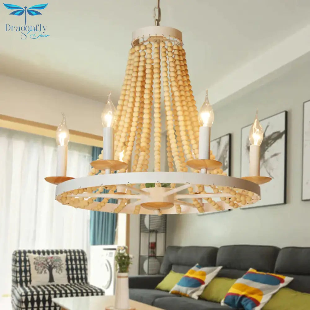Candle Chandelier Light Rustic Wood 6 Heads Yellow Hanging Lamp Kit For Living Room