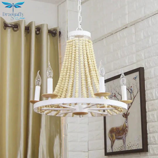 Candle Chandelier Light Rustic Wood 6 Heads Yellow Hanging Lamp Kit For Living Room