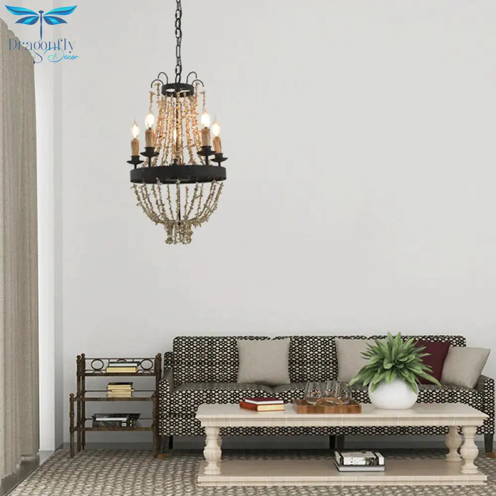 Candle Chandelier Light Traditional Metal 5 Heads Rust Hanging Lamp Kit With Stone