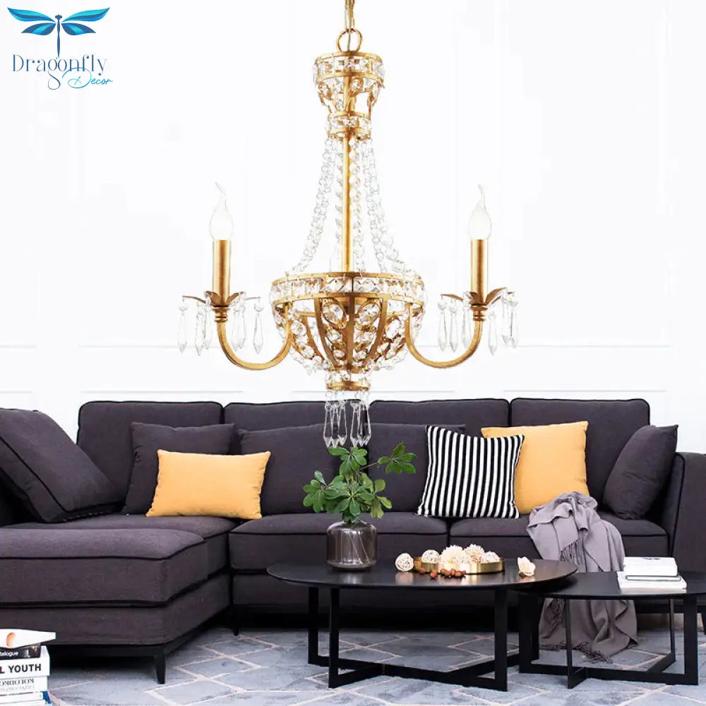 Candle Crystal Chandelier Lamp Country 3 Lights Dining Room Pendant Lighting In Gold