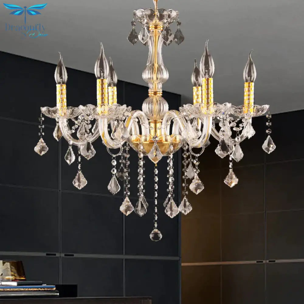 Candle Crystal Orb Chandelier Light Traditional 6 Heads Dining Room Hanging Ceiling In Gold