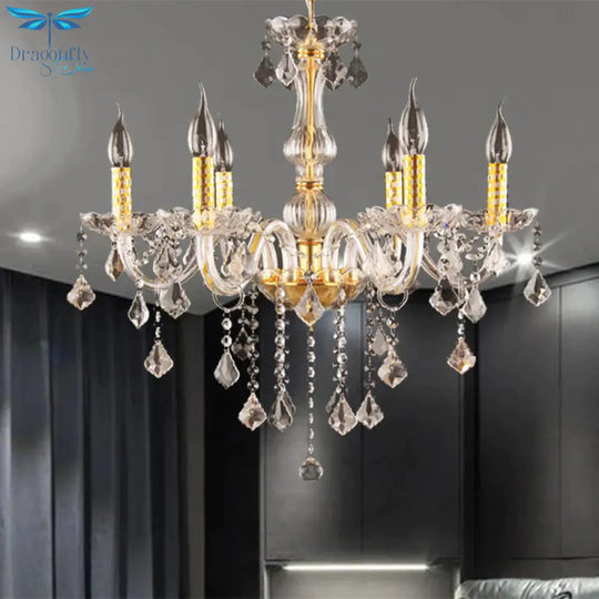 Candle Crystal Orb Chandelier Light Traditional 6 Heads Dining Room Hanging Ceiling In Gold