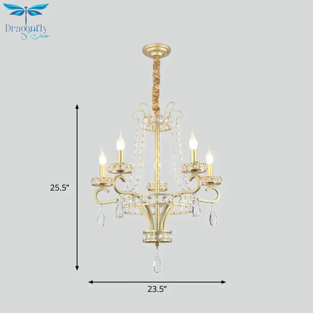 Candle Crystal Teardrops Chandelier Traditional 5 Bulbs Dinning Room Suspension Light In Gold