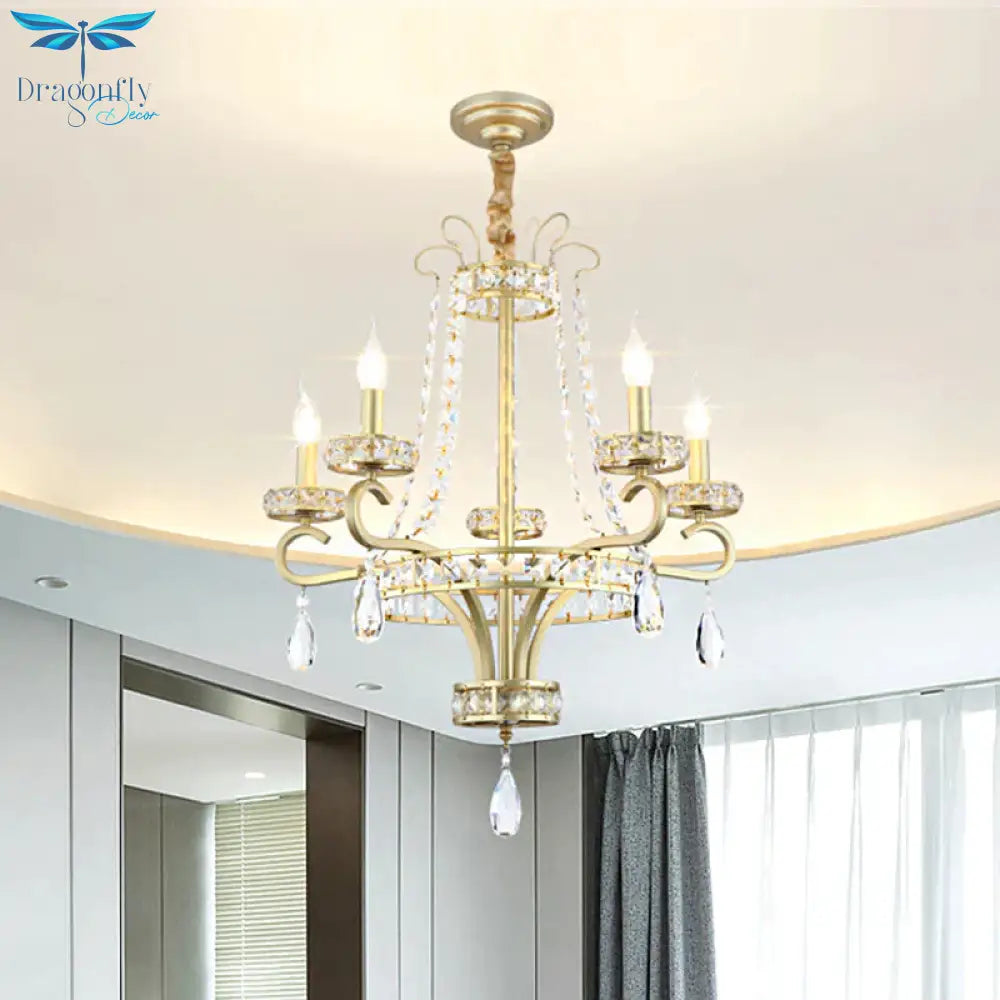 Candle Crystal Teardrops Chandelier Traditional 5 Bulbs Dinning Room Suspension Light In Gold