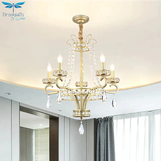 Candle Crystal Teardrops Chandelier Traditional 5 Bulbs Dinning Room Suspension Light In Gold
