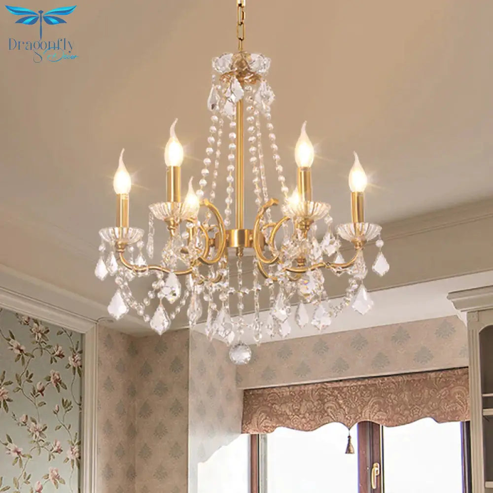 Candle Dining Lobby Ceiling Chandelier Antiqued Crystal 6 - Light Gold Pendant Lighting Fixture