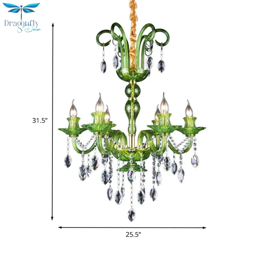 Candle Green Glass Chandelier Lamp Traditional 6 Heads Dining Room Hanging Ceiling Light With
