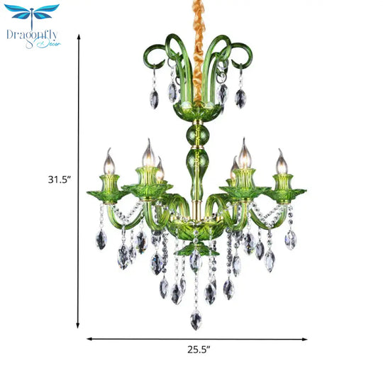 Candle Green Glass Chandelier Lamp Traditional 6 Heads Dining Room Hanging Ceiling Light With