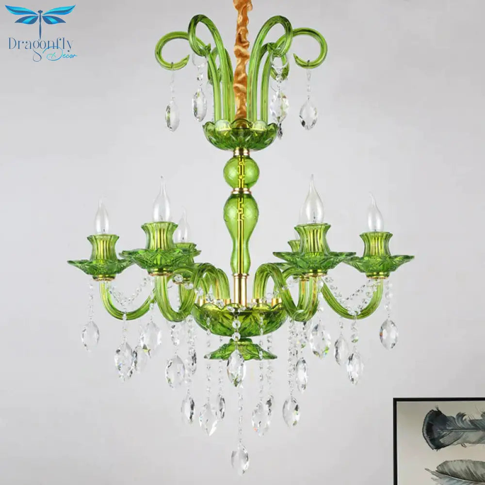 Candle Green Glass Chandelier Lamp Traditional 6 Heads Dining Room Hanging Ceiling Light With