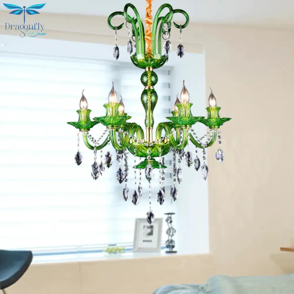 Candle Green Glass Chandelier Lamp Traditional 6 Heads Dining Room Hanging Ceiling Light With