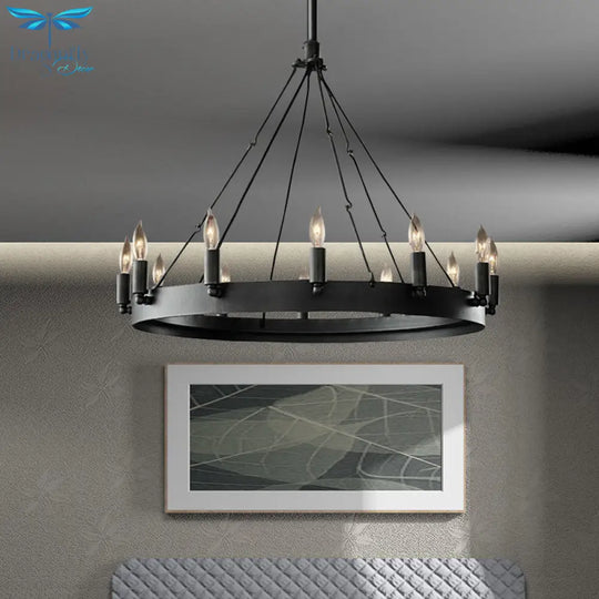 Candle Iron Suspension Lamp Countryside 12 - Head Coffee Shop Wagon Wheel Chandelier Lighting In