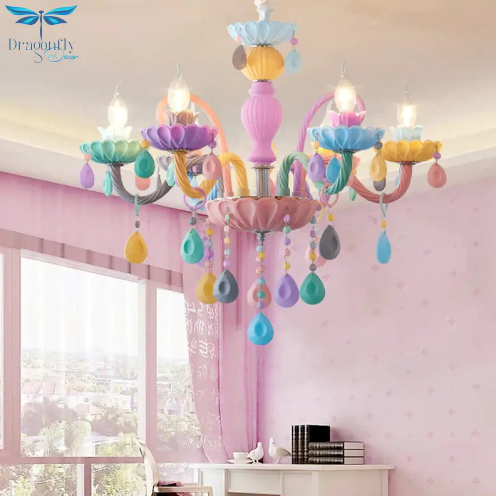 Candle Kid Bedroom Chandelier Glass Macaron Style Multi - Color Suspension Light With Teardrop