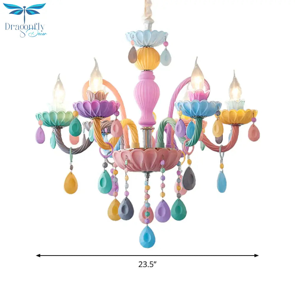 Candle Kid Bedroom Chandelier Glass Macaron Style Multi - Color Suspension Light With Teardrop