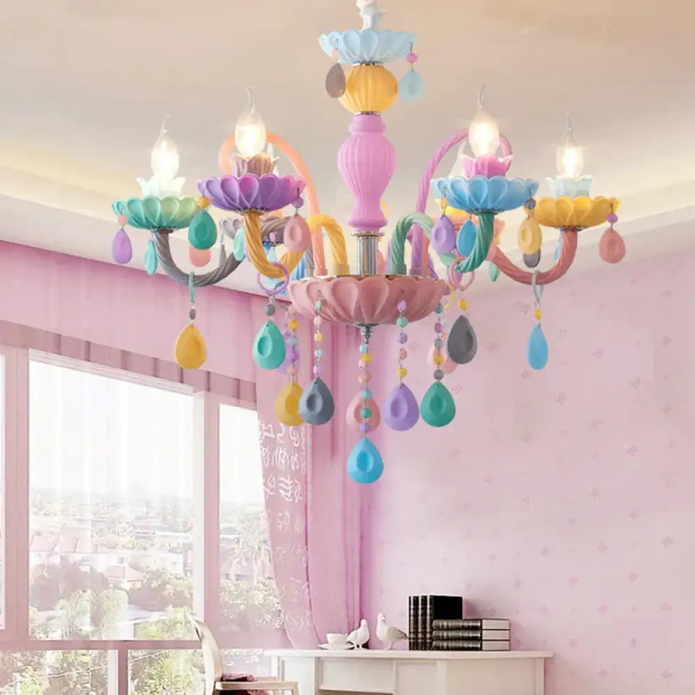 Candle Kid Bedroom Chandelier Glass Macaron Style Multi - Color Suspension Light With Teardrop