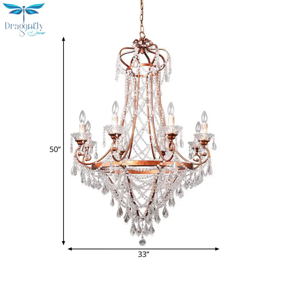 Candle Living Room Chandelier Lamp Countryside Crystal 8 Lights Brass Pendant Ceiling Light