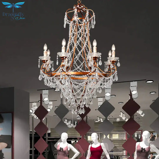 Candle Living Room Chandelier Lamp Countryside Crystal 8 Lights Brass Pendant Ceiling Light