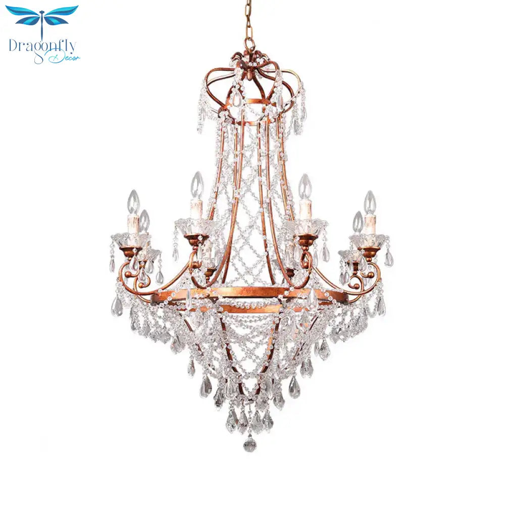 Candle Living Room Chandelier Lamp Countryside Crystal 8 Lights Brass Pendant Ceiling Light