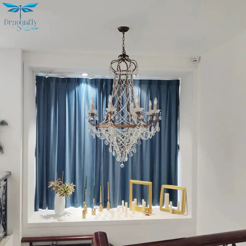 Candle Living Room Chandelier Lamp Countryside Crystal 8 Lights Brass Pendant Ceiling Light