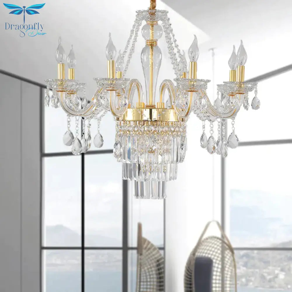 Candle Living Room Chandelier Lighting Traditional Clear Crystal 6 Lights Chrome/Gold Hanging Lamp