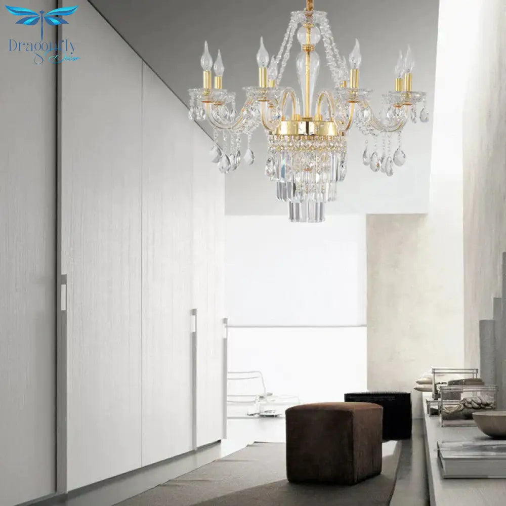 Candle Living Room Chandelier Lighting Traditional Clear Crystal 6 Lights Chrome/Gold Hanging Lamp