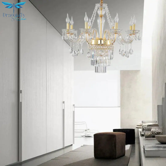 Candle Living Room Chandelier Lighting Traditional Clear Crystal 6 Lights Chrome/Gold Hanging Lamp