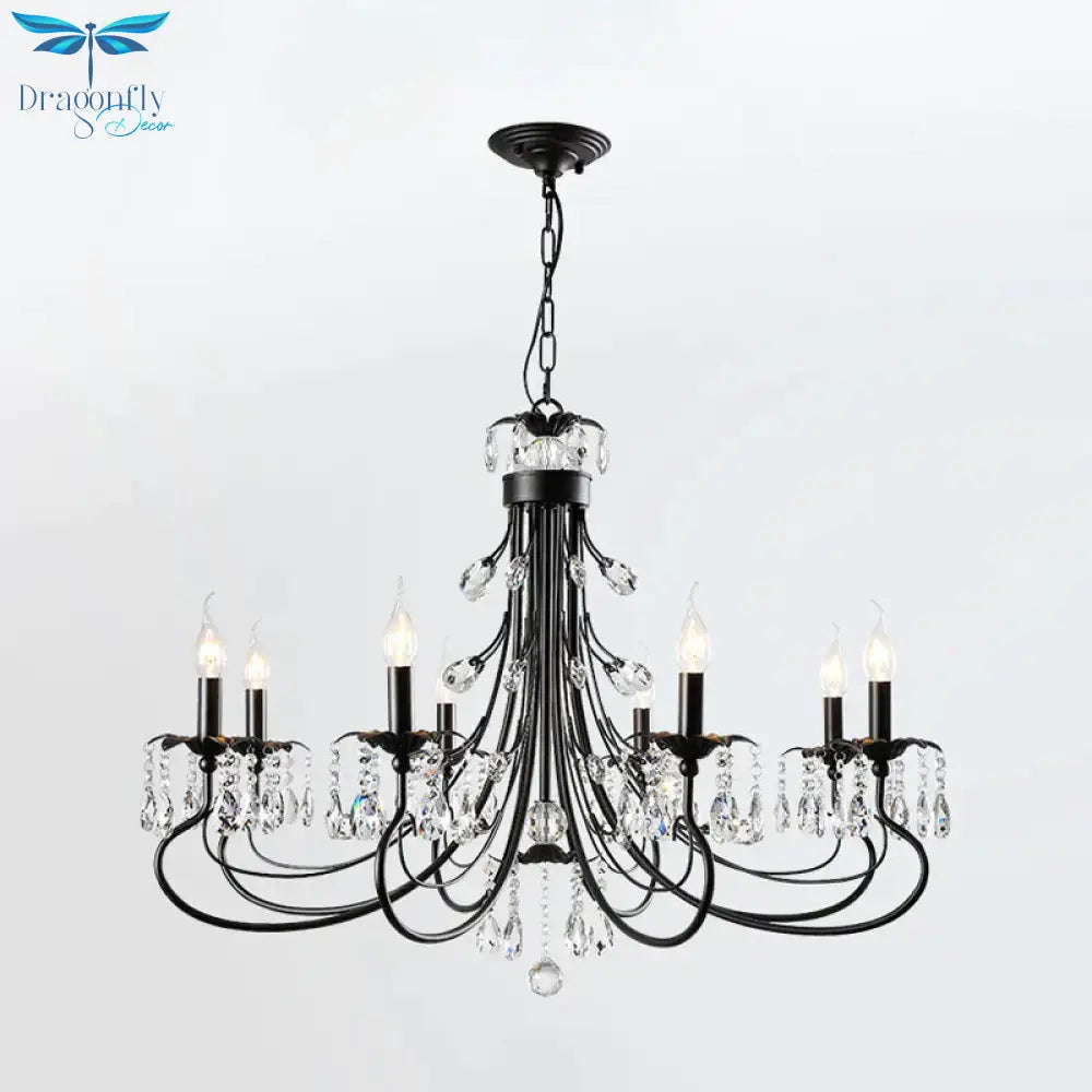 Candle Living Room Pendant Traditionalism Beveled Crystal Prism 6/8 Bulbs Black Chandelier