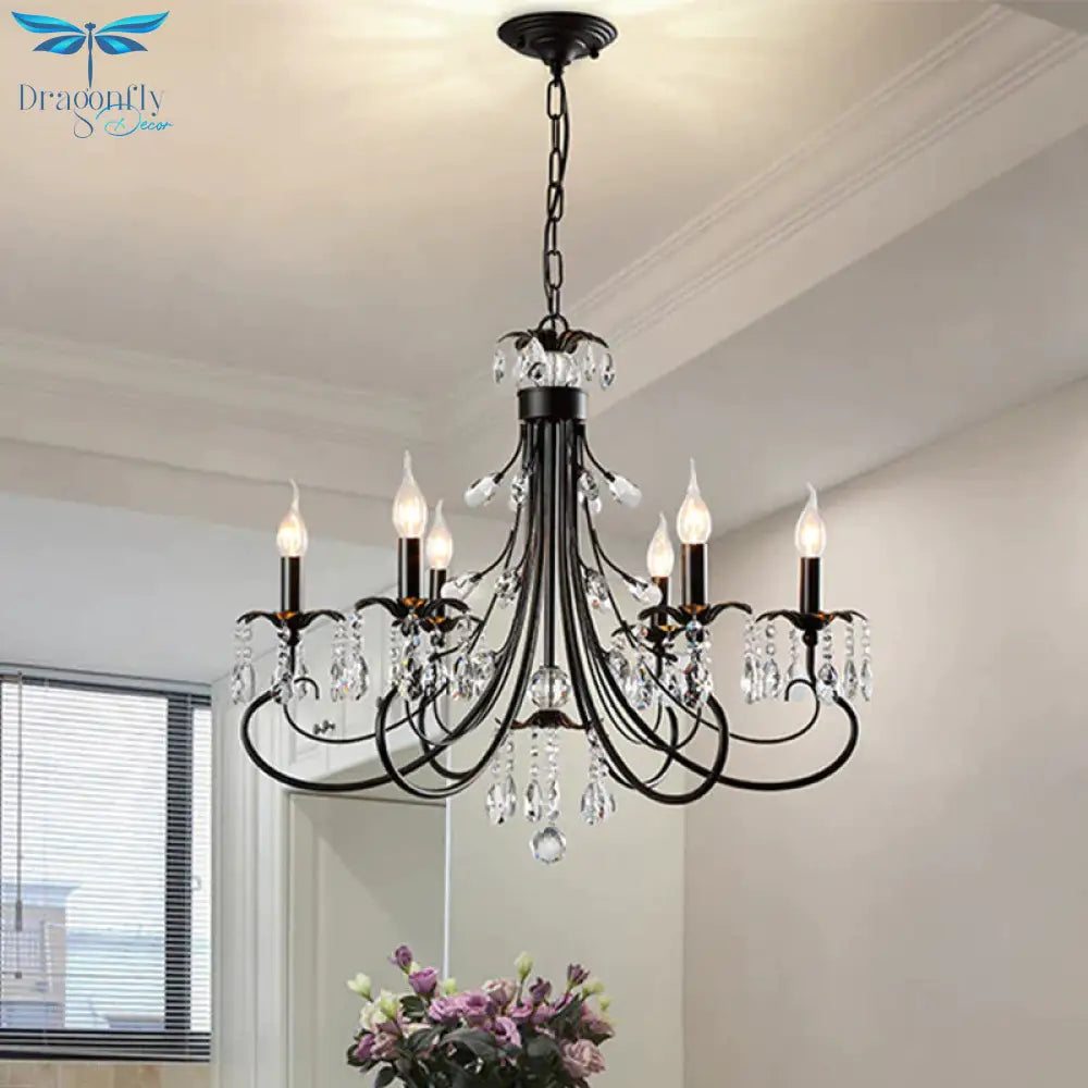 Candle Living Room Pendant Traditionalism Beveled Crystal Prism 6/8 Bulbs Black Chandelier