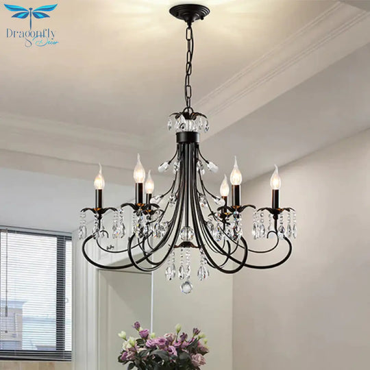 Candle Living Room Pendant Traditionalism Beveled Crystal Prism 6/8 Bulbs Black Chandelier