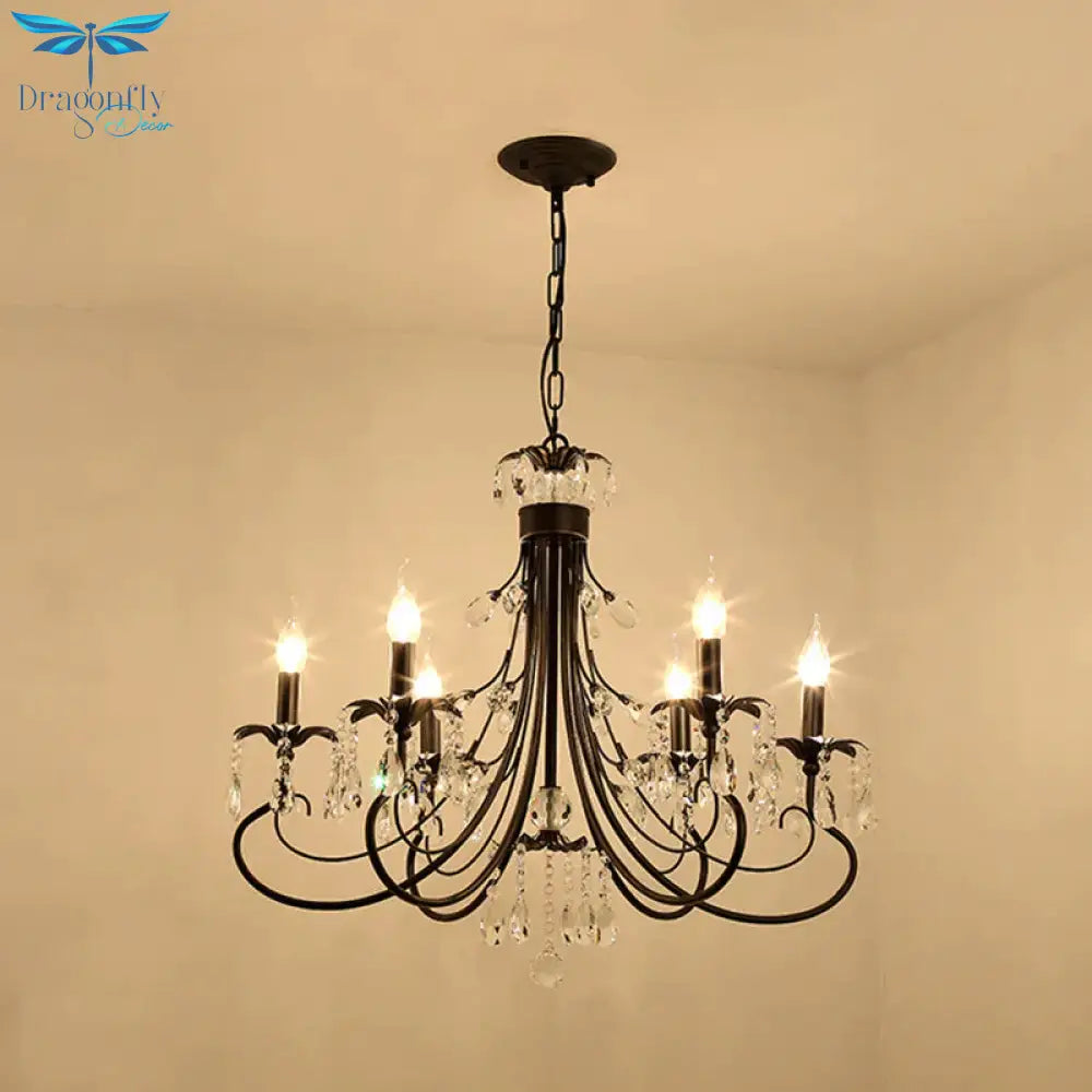 Candle Living Room Pendant Traditionalism Beveled Crystal Prism 6/8 Bulbs Black Chandelier
