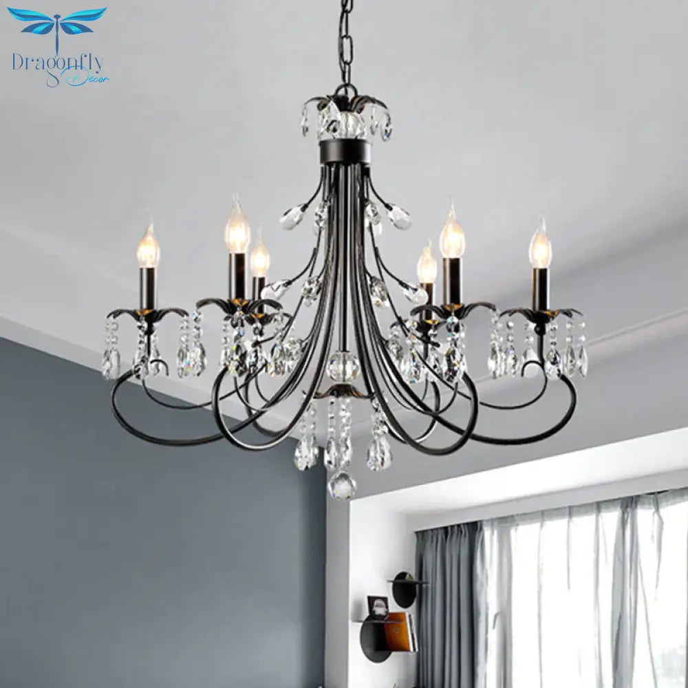 Candle Living Room Pendant Traditionalism Beveled Crystal Prism 6/8 Bulbs Black Chandelier