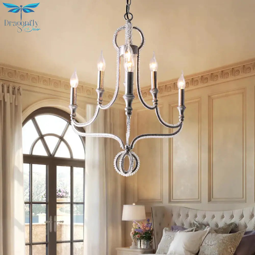 Candle Metal Chandelier Light Fixture Traditional 5 Lights Living Room Ceiling In Rust With Crystal