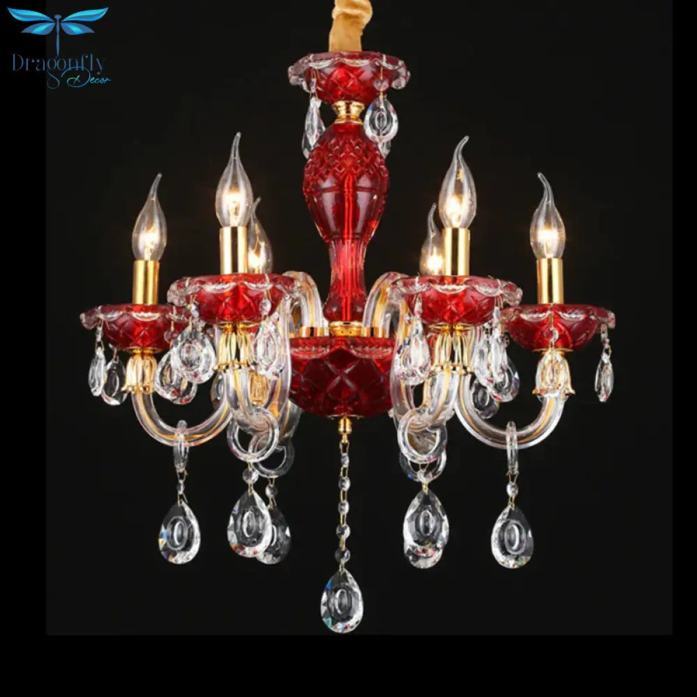 Candle Restaurant Hanging Lamp Kit Traditional Crystal Drip 6/8 Lights Red Chandelier Lighting