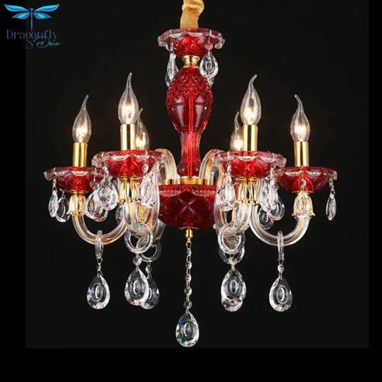 Candle Restaurant Hanging Lamp Kit Traditional Crystal Drip 6/8 Lights Red Chandelier Lighting