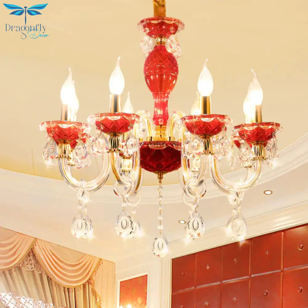 Candle Restaurant Hanging Lamp Kit Traditional Crystal Drip 6/8 Lights Red Chandelier Lighting