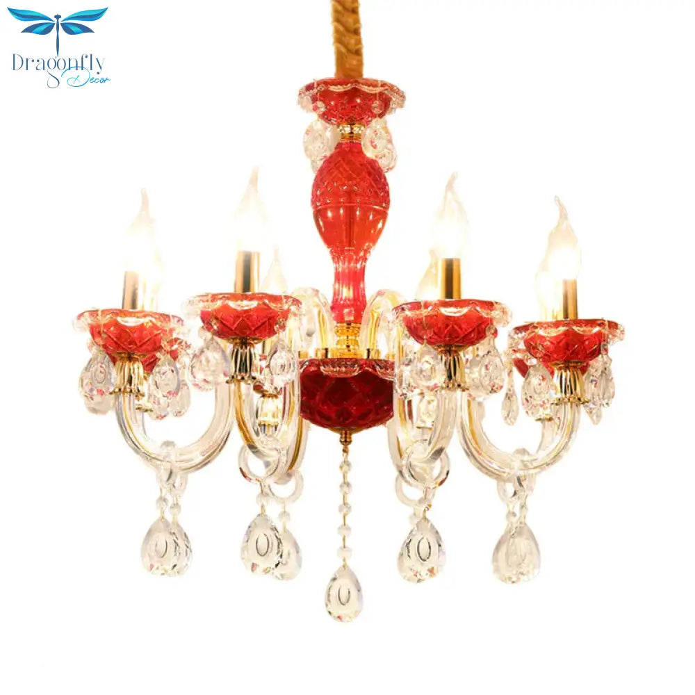 Candle Restaurant Hanging Lamp Kit Traditional Crystal Drip 6/8 Lights Red Chandelier Lighting