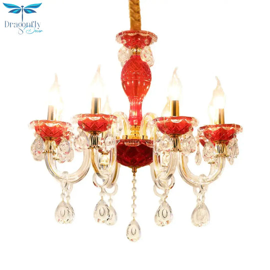 Candle Restaurant Hanging Lamp Kit Traditional Crystal Drip 6/8 Lights Red Chandelier Lighting