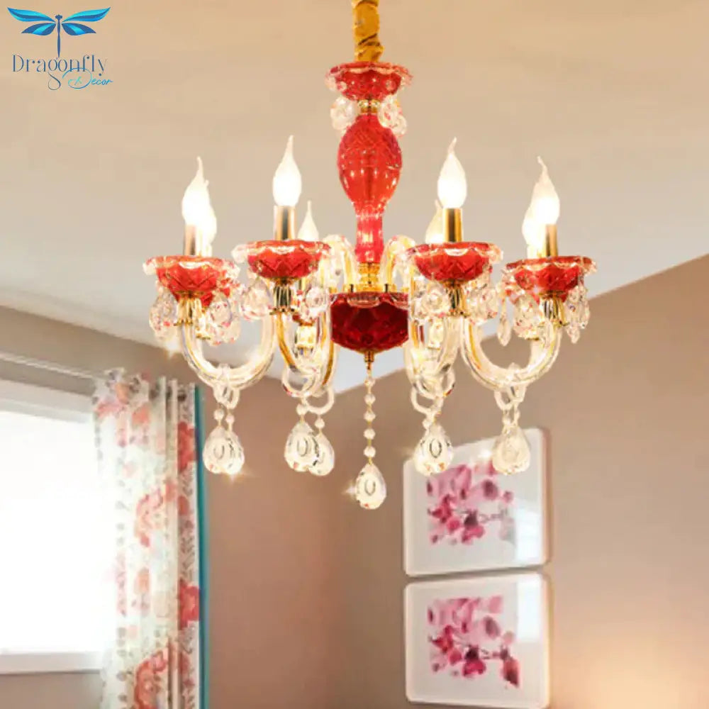 Candle Restaurant Hanging Lamp Kit Traditional Crystal Drip 6/8 Lights Red Chandelier Lighting