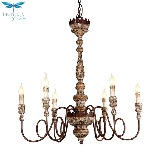 Candle Wooden Pendant Lighting Traditional 6 - Bulb Living Room Chandelier Light With Swirling Arm