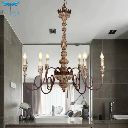 Candle Wooden Pendant Lighting Traditional 6 - Bulb Living Room Chandelier Light With Swirling Arm