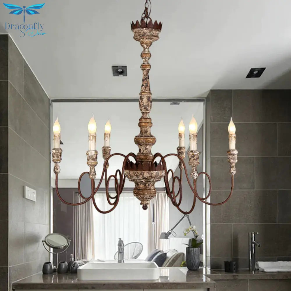 Candle Wooden Pendant Lighting Traditional 6 - Bulb Living Room Chandelier Light With Swirling Arm
