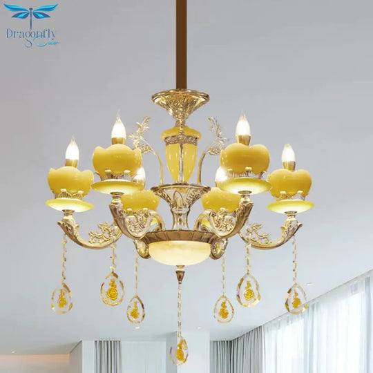 Candlestick Bedroom Hanging Light Mid Century Jade 6 Lights Gold Chandelier With Crystal Draping