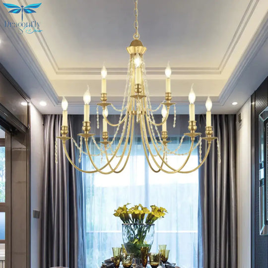 Candlestick Hanging Light Kit Countryside Crystal Swag 9 Lights Gold Finish Chandelier Lamp Fixture