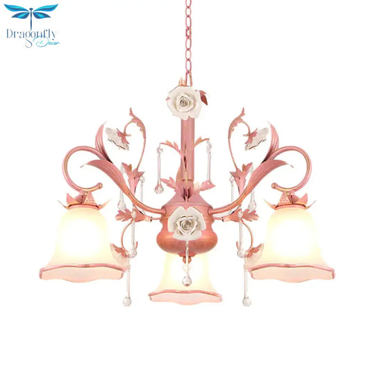 Carillon Milky Glass Hanging Pendant Pastoral 3/5 Lights Bedroom Chandelier Lighting With Pink