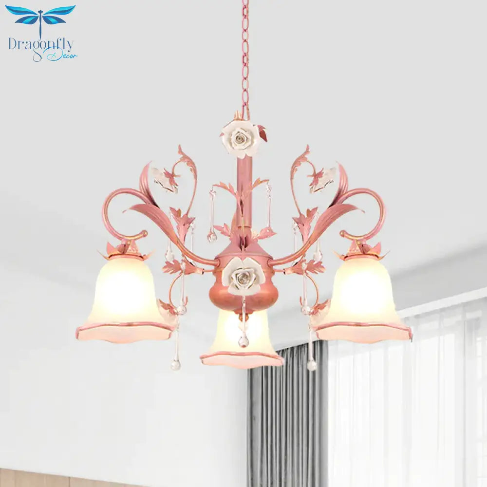 Carillon Milky Glass Hanging Pendant Pastoral 3/5 Lights Bedroom Chandelier Lighting With Pink