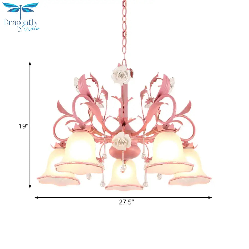 Carillon Milky Glass Hanging Pendant Pastoral 3/5 Lights Bedroom Chandelier Lighting With Pink