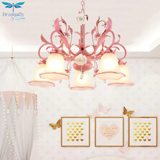 Carillon Milky Glass Hanging Pendant Pastoral 3/5 Lights Bedroom Chandelier Lighting With Pink