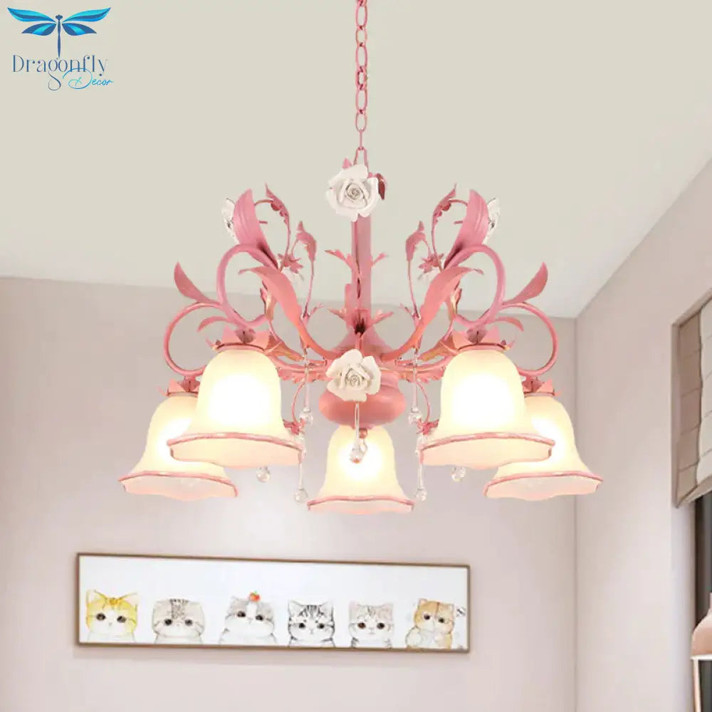 Carillon Milky Glass Hanging Pendant Pastoral 3/5 Lights Bedroom Chandelier Lighting With Pink
